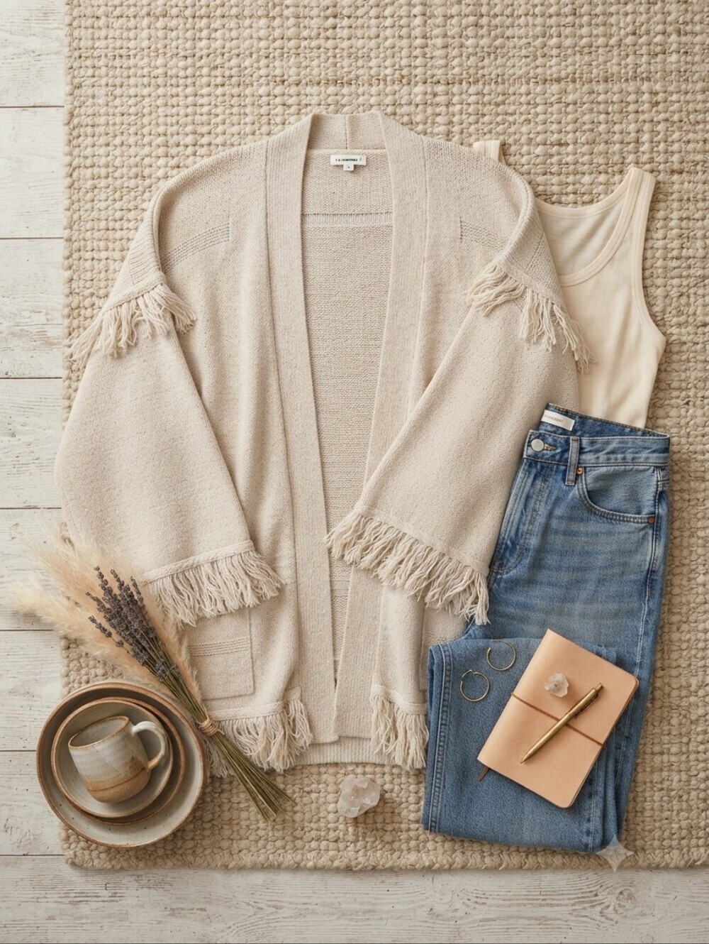 ee:some Cream Oatmeal Colored Open Front Cardigan With Fringe Detail